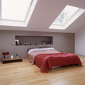 双人床,红色,棉絮,遮盖,房间,天窗