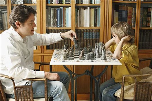 父亲,玩,下棋,男孩