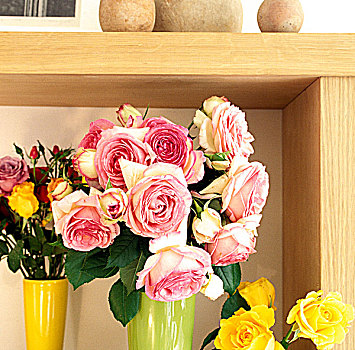 粉色,黄色,玫瑰,花瓶,木质,架子