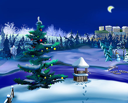 圣诞树,冬天,夜晚,新年,场景
