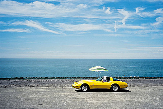 黄色,雪佛兰,考维特汽车,伞,停放,海岸,韦斯特克白拉,荷兰,荷比卢,欧洲