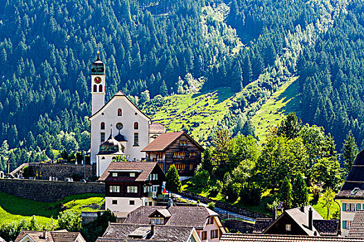 乡村,教堂,高海拔,风景,山,绿色,草地,树,瑞士,欧洲