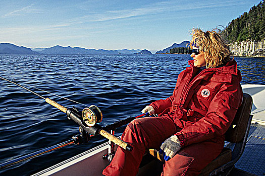 女士,垂钓,三文鱼,钓鱼,工作,水道,不列颠哥伦比亚省,加拿大