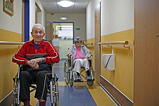 两个,老人,轮椅,一个,男人,岁月,女人,养老院