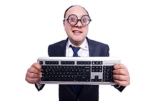 呆痴,商务人士,电脑键盘,白色背景