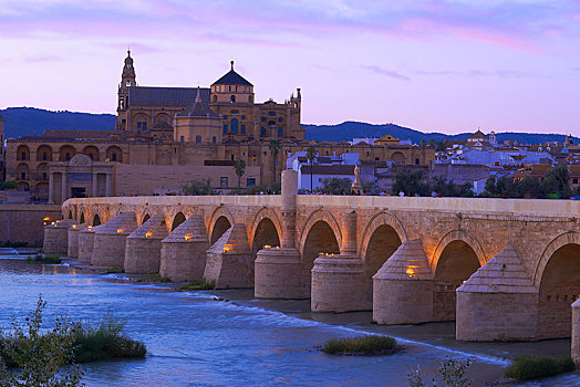 罗马桥,穿过,瓜达尔基维尔河,河,看,清真寺,大教堂,科多巴,安达卢西亚,西班牙,欧洲