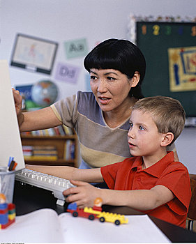 女性,教师,男孩,用电脑,教室