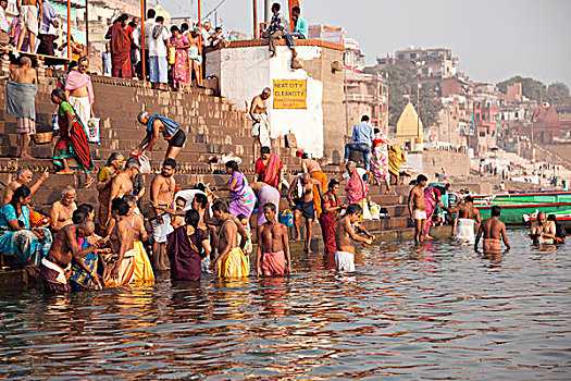 印度教,信徒,沐浴,恒河,河,早晨,瓦拉纳西,北方邦,印度,亚洲