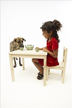 小女孩,茶会,狗