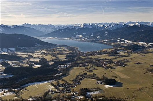 航拍,热气球,泰根湖,湖,山谷,上巴伐利亚,巴伐利亚,德国
