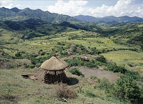 景色,省,北方,埃塞俄比亚,尚未完成,茅草屋顶,房子,陶制容器,上方,突出,中心,杆,预防,雨,进入