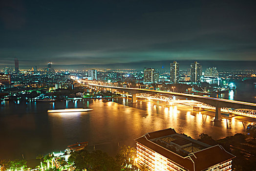 夜晚,城市,桥,上方,湄南河,曼谷,泰国
