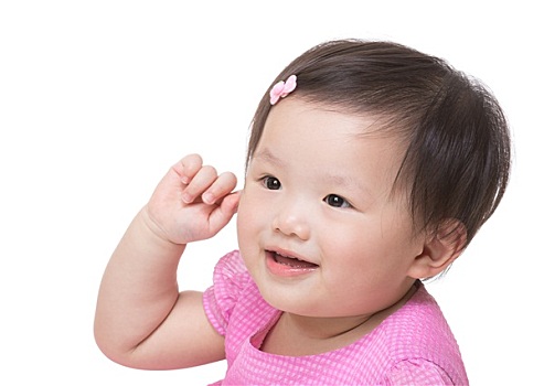 亚洲人,女婴,手,接触,耳