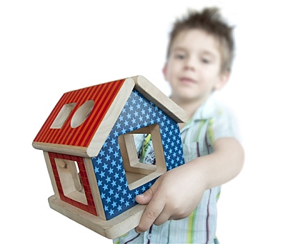 男孩,展示,木头,彩色,房子,玩具