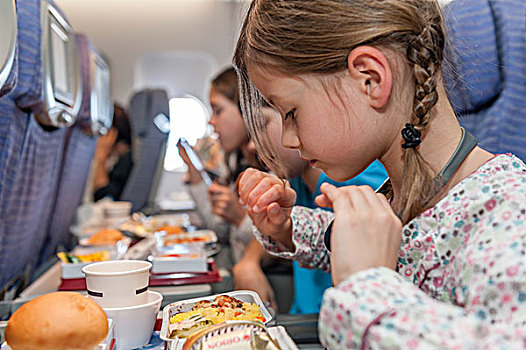 女孩,吃,航空公司,食物