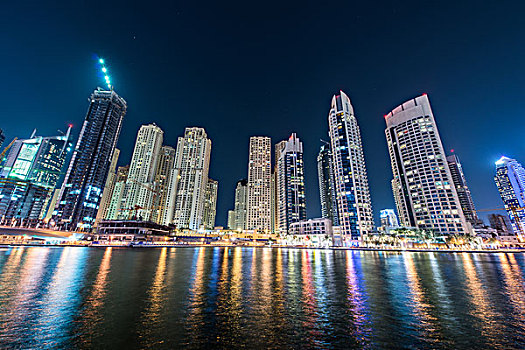 迪拜,码头,摩天大楼,夜晚,钟点