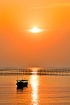 福建霞浦,海,渔船,海滩,晚霞