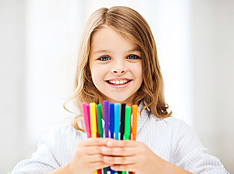 教育,学校,概念,小,学生,女孩,展示,彩色,标签笔