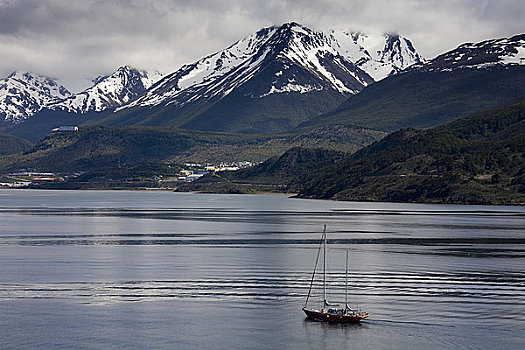 船,海中,尚武,山峦,比格尔海峡,火地岛,巴塔哥尼亚,阿根廷