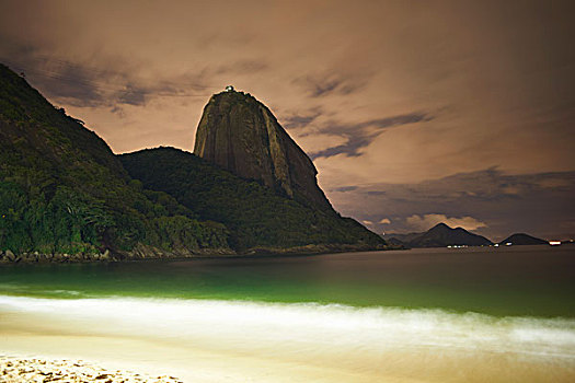海滩,甜面包山,夜晚,里约热内卢,巴西