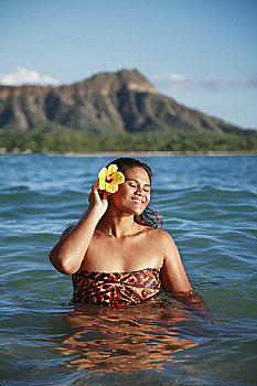 夏威夷,瓦胡岛,怀基基海滩,美女,玻利尼西亚人,女性,水,享受,晴天,钻石海岬,背景