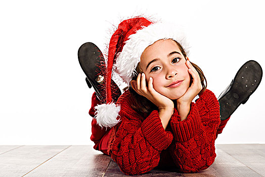 可爱,小女孩,戴着,圣诞帽,卧,木地板,白色背景,背景,冬服