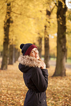 女人,秋天,公园,微笑,摄影