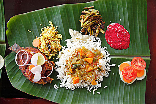 鱼,稻米,蔬菜,香蕉,叶子,喀拉拉,印度南部,南亚,亚洲