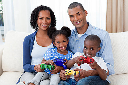 微笑,美国黑人,家庭,玩电玩
