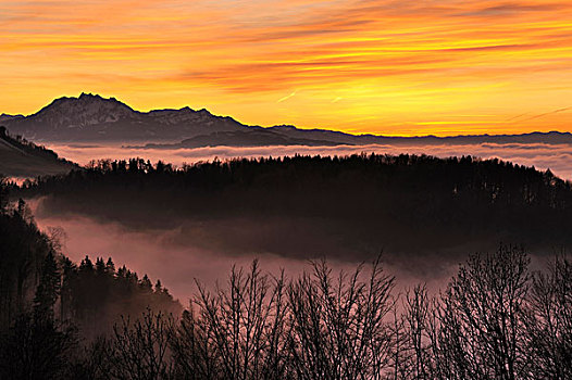 雾状,晚上,亮光,景色,山,皮拉图斯,瑞士,欧洲