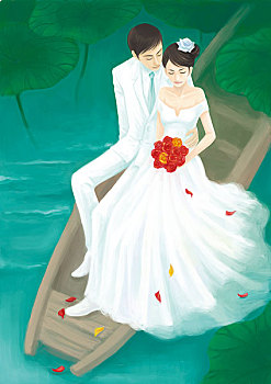 时尚插画,湖泊,菏叶,红色花束,白色婚纱,新娘,白色礼服,新郎,小木船