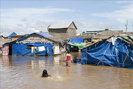 洪水,贫民窟,区域,安东,金边,柬埔寨