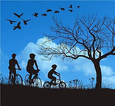 矢量,家庭,骑自行车,乡村