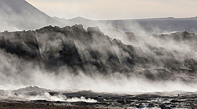 冰岛,蒸汽,熔岩原,阳光,逆光