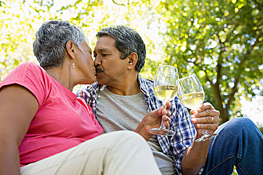 老年,夫妻,吻,喝,葡萄酒,公园