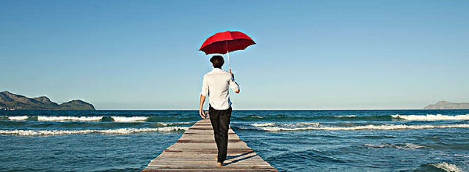 男人,走,码头,伞,后视图