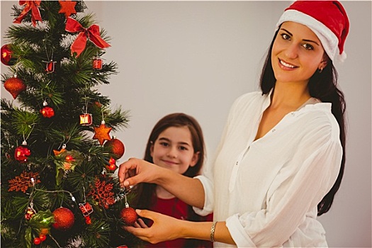 母女,悬挂,圣诞装饰,树上