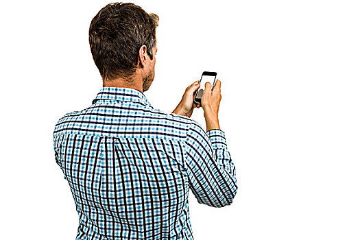 后视图,男人,智能手机,白色背景,背景