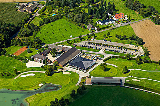 航拍,高尔夫球场,高尔夫球杆,靠近,教堂,下莱茵,北莱茵威斯特伐利亚,德国