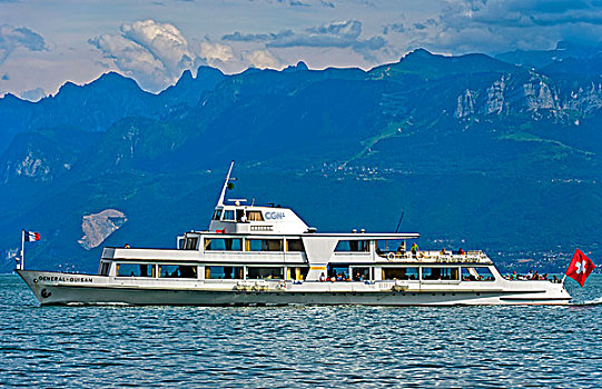 汽艇,巡航,日内瓦湖,脚,沃州,阿尔卑斯山,瑞士,欧洲