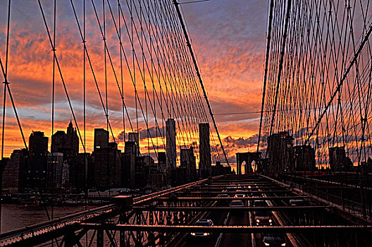 布鲁克林大桥,曼哈顿,天际线,日落,纽约,美国