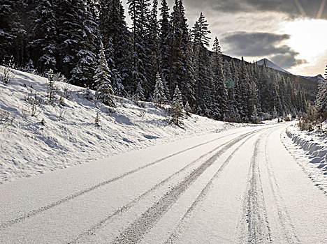 积雪,道路,山脉,玛琳湖,碧玉国家公园,艾伯塔省,加拿大