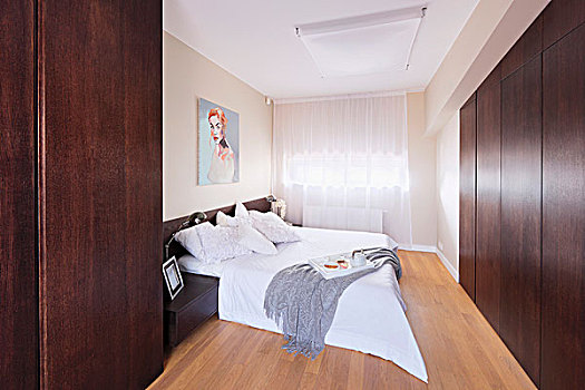 优雅,卧室,现代,氛围,双人床,白色,暗色,木头,合适,衣柜