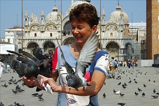 女人,鸽子,广场,威尼斯,意大利
