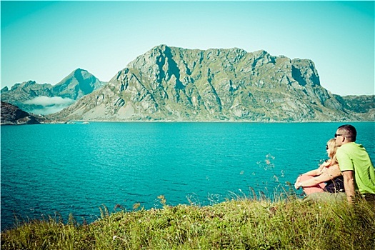美景,沿岸,全景,罗浮敦群岛,挪威,晴朗,夏天