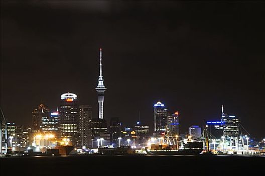 新西兰,北岛,奥克兰,全景,城市天际线,夜晚