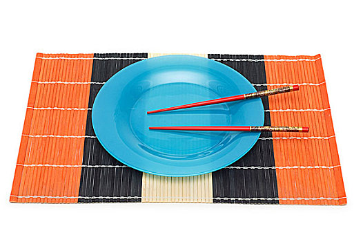 蓝色,盘子,筷子,隔绝,白色背景
