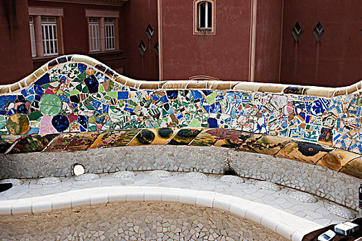 镶嵌图案,遮盖,蜿蜒,长椅,公园,巴塞罗那,西班牙