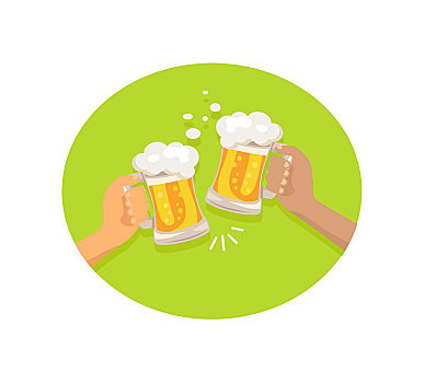 朋友,喝,啤酒,矢量,插画,拿着,两个,玻璃杯,绿色,白色背景