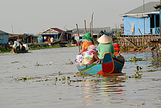 柬埔寨,戴着,稻草,帽子,船,漂浮,乡村,市场,青稞酒,树液,湖,收获,印度支那,东南亚,亚洲